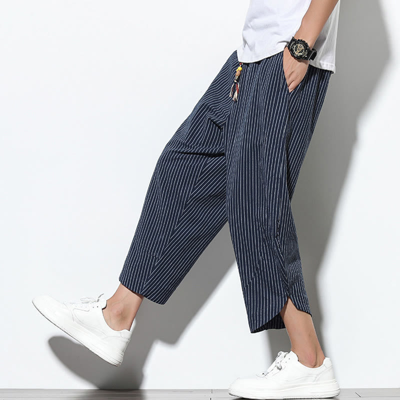 Buddha Stones Summer Stripes Pattern Drawstring Cotton Linen Men's 7-8 Length Harem Pants With Pockets - image 36