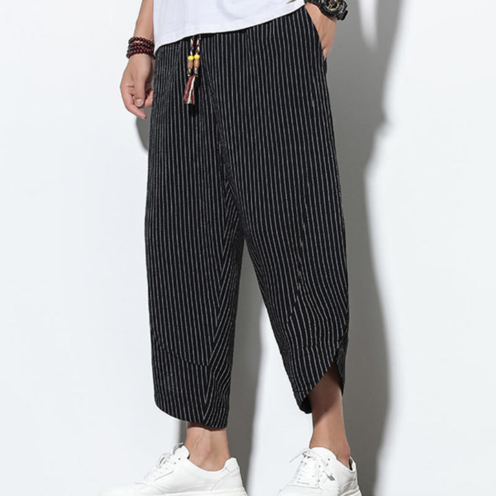 Buddha Stones Summer Stripes Pattern Drawstring Cotton Linen Men's 7-8 Length Harem Pants With Pockets - image 13