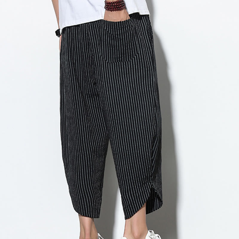 Buddha Stones Summer Stripes Pattern Drawstring Cotton Linen Men's 7-8 Length Harem Pants With Pockets - image 14