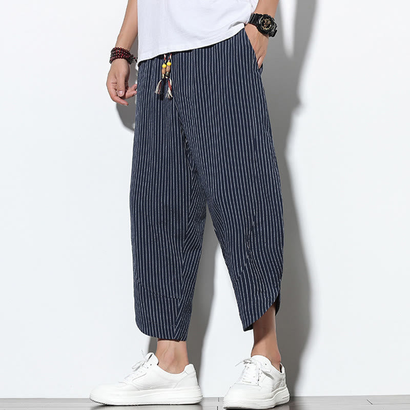 Buddha Stones Summer Stripes Pattern Drawstring Cotton Linen Men's 7-8 Length Harem Pants With Pockets - image 32