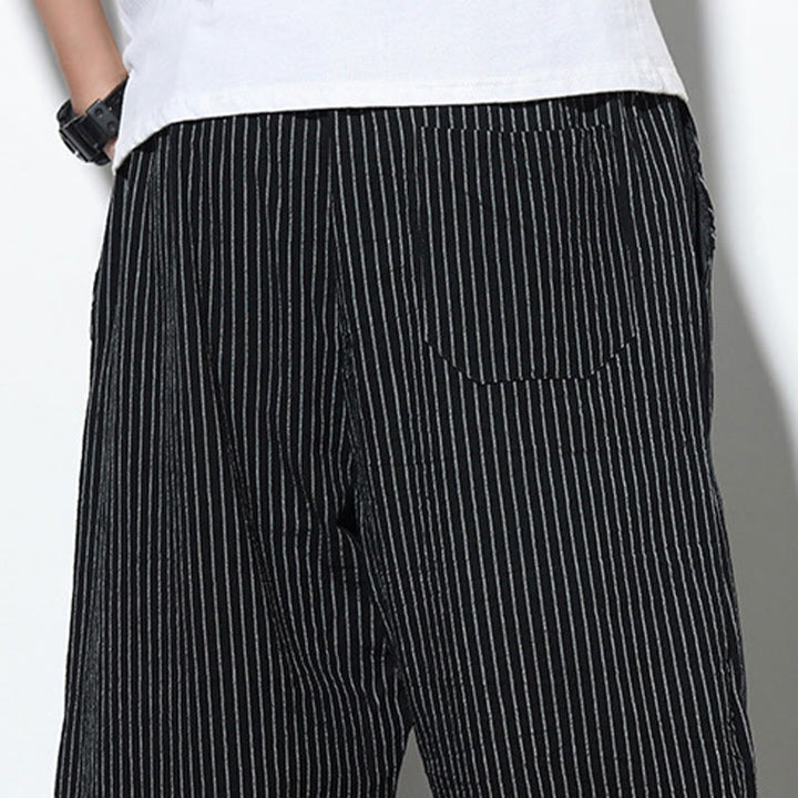 Buddha Stones Summer Stripes Pattern Drawstring Cotton Linen Men's 7-8 Length Harem Pants With Pockets - image 19