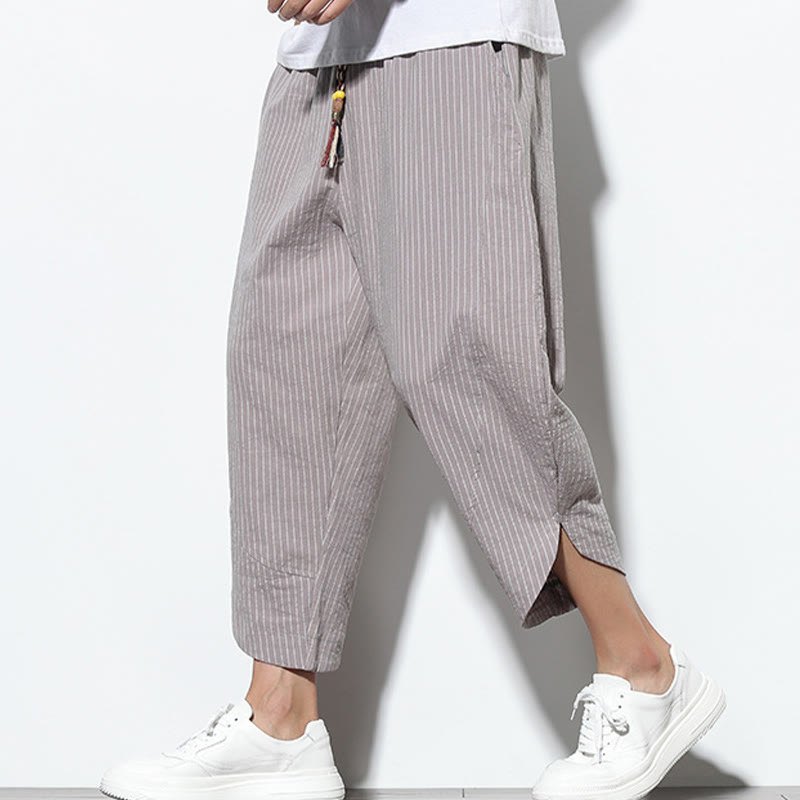 Buddha Stones Summer Stripes Pattern Drawstring Cotton Linen Men's 7-8 Length Harem Pants With Pockets - image 27