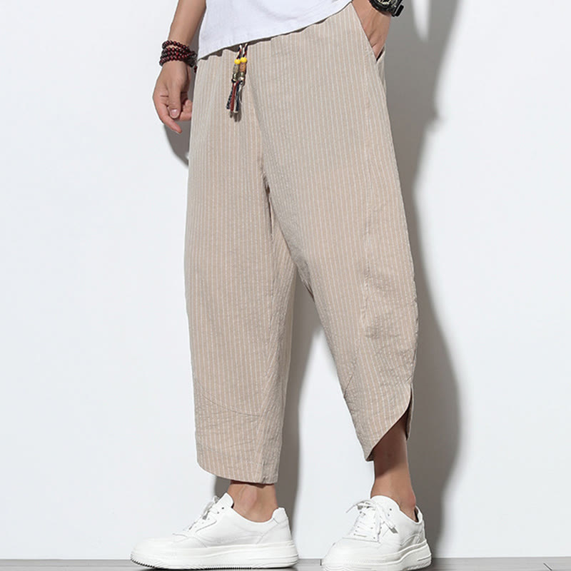 Buddha Stones Summer Stripes Pattern Drawstring Cotton Linen Men's 7-8 Length Harem Pants With Pockets - image 6
