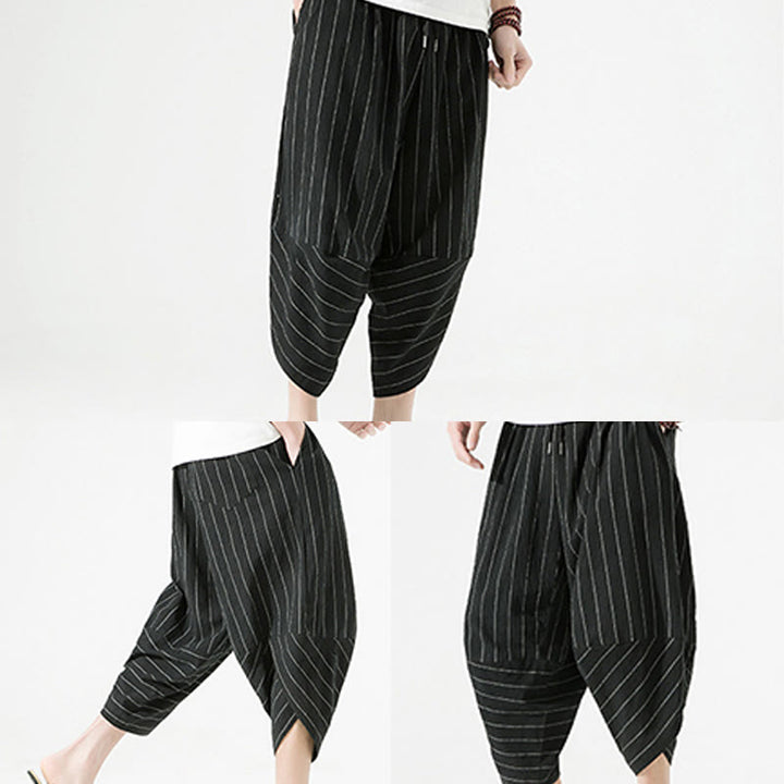 Buddha Stones Casual Plain Stripes Pattern Drawstring Men's 7-8 Length Cotton Linen Harem Pants With Pockets - image 6