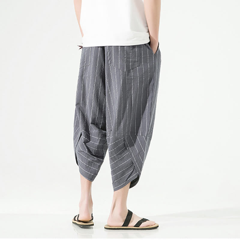 Buddha Stones Casual Plain Stripes Pattern Drawstring Men's 7-8 Length Cotton Linen Harem Pants With Pockets - image 12