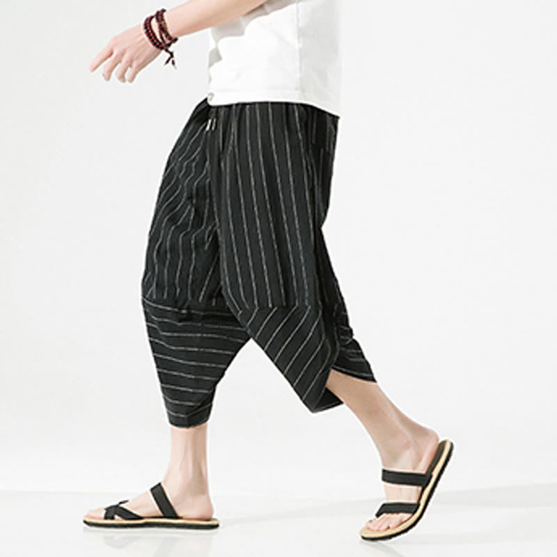 Buddha Stones Casual Plain Stripes Pattern Drawstring Men's 7-8 Length Cotton Linen Harem Pants With Pockets - Black - US/UK/AU46，EU56 (5XL) - image 0