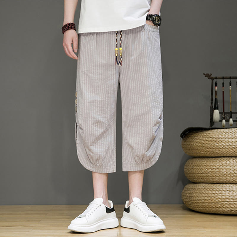 Buddha Stones Casual White Stripes Pattern Drawstring Button Design Men's Cotton Cropped Harem Pants With Pockets - image 2