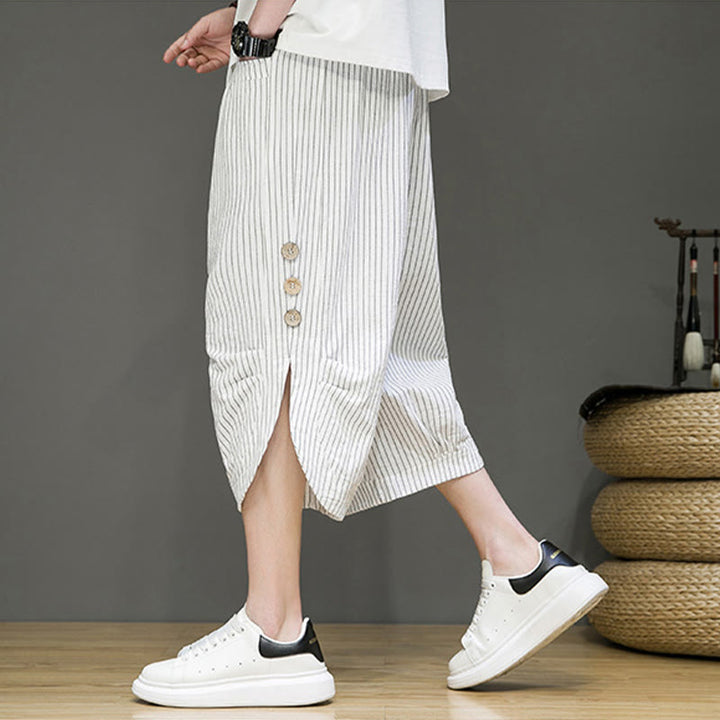 Buddha Stones Casual White Stripes Pattern Drawstring Button Design Men's Cotton Cropped Harem Pants With Pockets - image 21