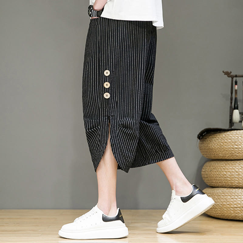 Buddha Stones Casual White Stripes Pattern Drawstring Button Design Men's Cotton Cropped Harem Pants With Pockets - image 12