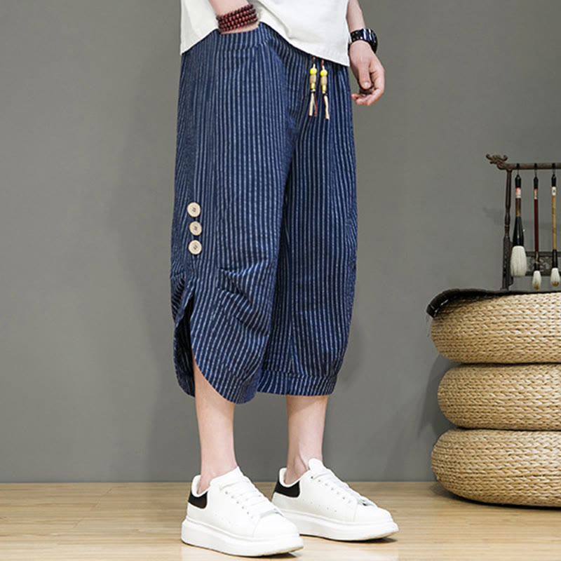 Buddha Stones Casual White Stripes Pattern Drawstring Button Design Men's Cotton Cropped Harem Pants With Pockets - image 30