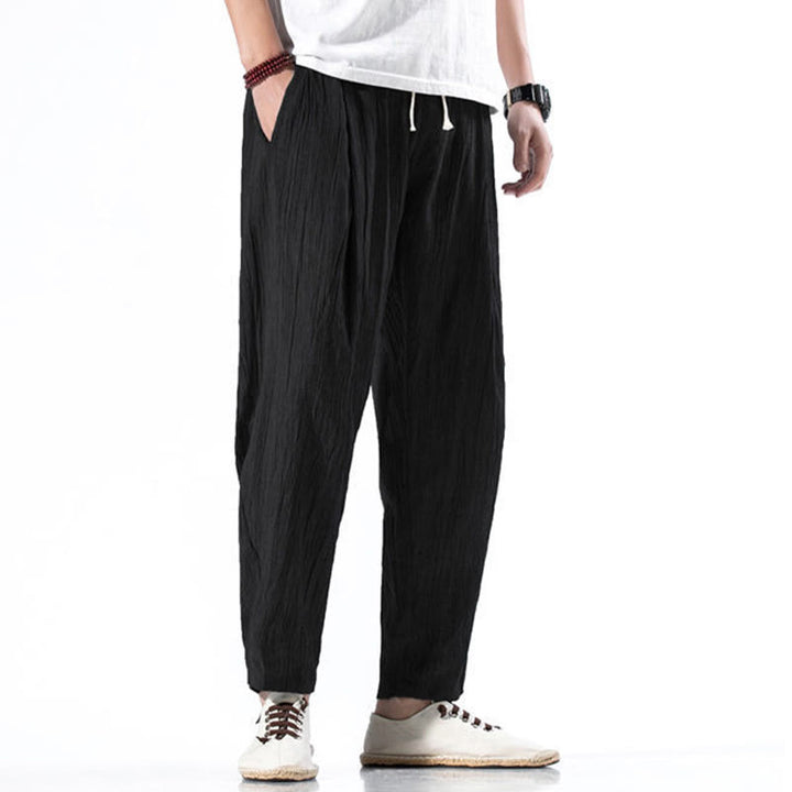 Buddha Stones Casual Plain Pleated Design Drawstring Men's Long Cotton Linen Harem Pants With Pockets - image 30