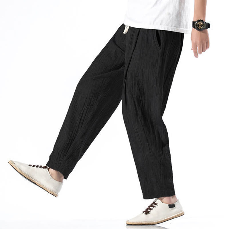 Buddha Stones Casual Plain Pleated Design Drawstring Men's Long Cotton Linen Harem Pants With Pockets - image 29