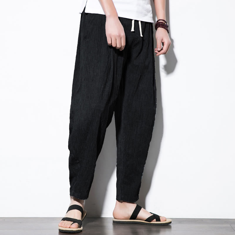 Buddha Stones Casual Plain Pleated Design Drawstring Men's Long Cotton Linen Harem Pants With Pockets - image 24