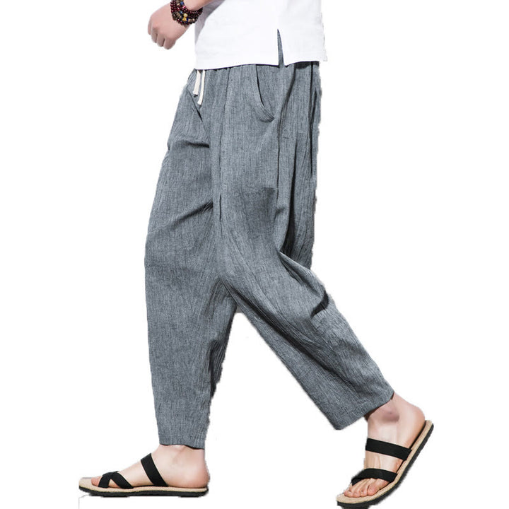 Buddha Stones Casual Plain Pleated Design Drawstring Men's Long Cotton Linen Harem Pants With Pockets - image 15