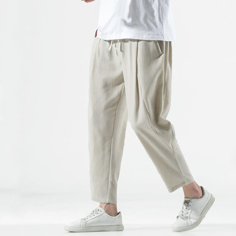 Buddha Stones Casual Plain Pleated Design Drawstring Men's Long Cotton Linen Harem Pants With Pockets - Linen - US/UK/AU46，EU56 (5XL) - image 0