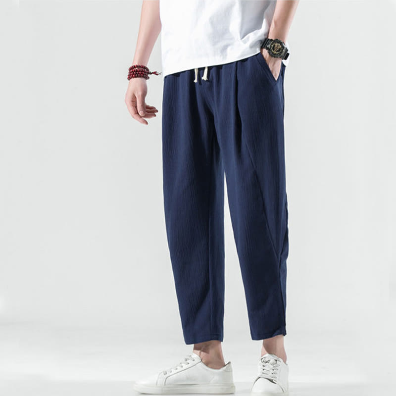 Buddha Stones Casual Plain Pleated Design Drawstring Men's Long Cotton Linen Harem Pants With Pockets - image 39