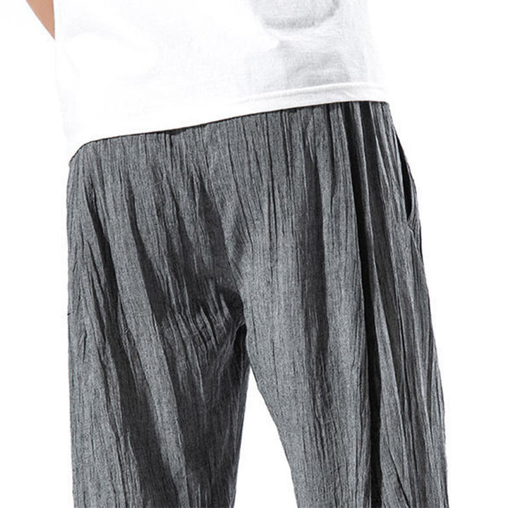 Buddha Stones Casual Plain Pleated Design Drawstring Men's Long Cotton Linen Harem Pants With Pockets - image 13