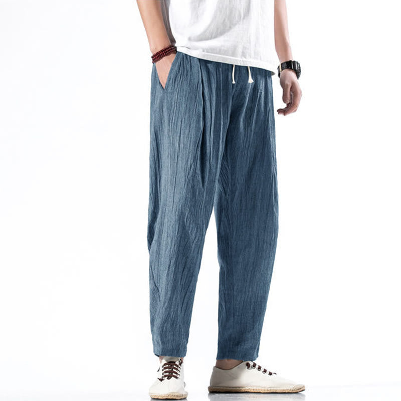 Buddha Stones Casual Plain Pleated Design Drawstring Men's Long Cotton Linen Harem Pants With Pockets - image 33