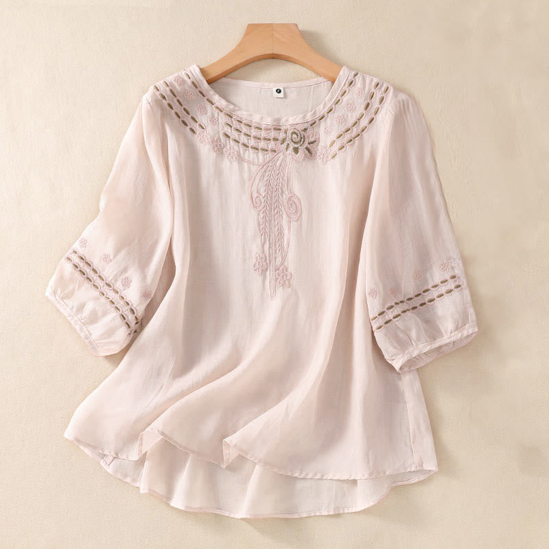 Buddha Stones Women's Crew Neck Hollow Design Half Sleeve Cotton Linen Shirt - MistyRose - US8-10，UK/AU12-14，EU40-42 (2XL) - image 0