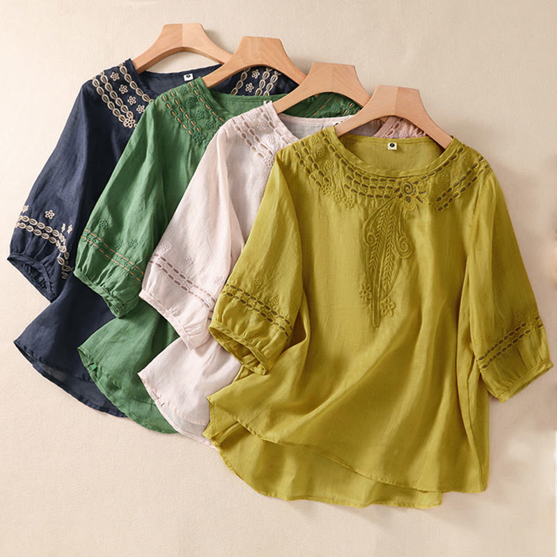 Buddha Stones Women's Crew Neck Hollow Design Half Sleeve Cotton Linen Shirt