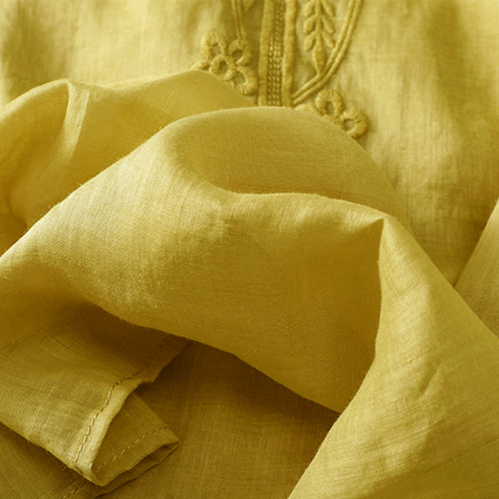 Buddha Stones Women's Crew Neck Hollow Design Half Sleeve Cotton Linen Shirt - image 17