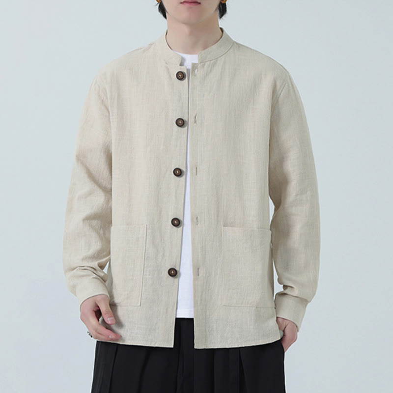 Buddha Stones Men's Button Ramie Linen Cotton Fleece Lined Jacket Shirt With Pockets