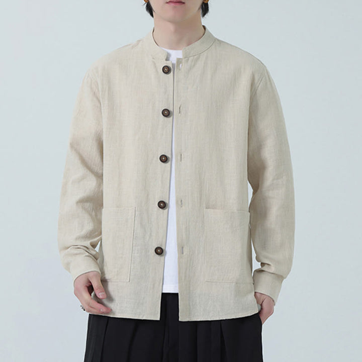 Buddha Stones Men's Button Ramie Linen Cotton Fleece Lined Jacket Shirt With Pockets