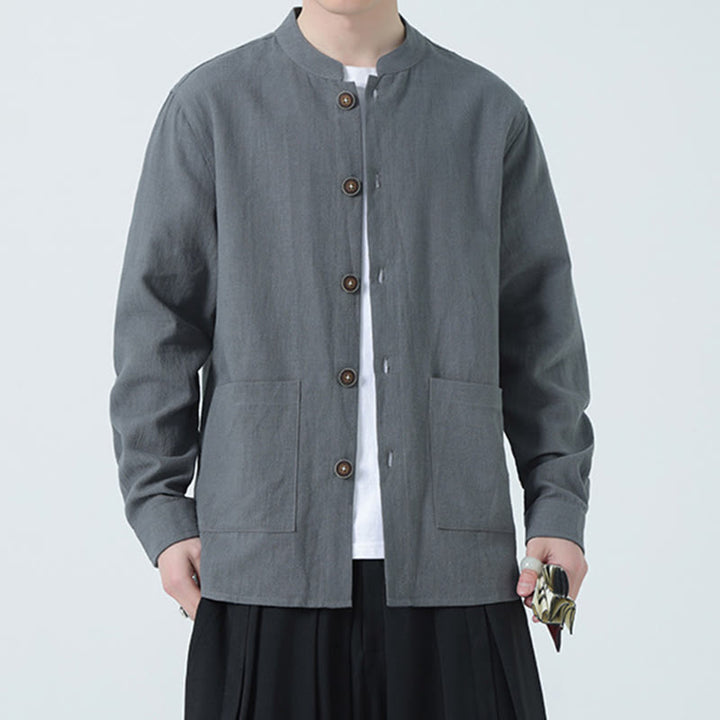 Buddha Stones Men's Button Ramie Linen Cotton Fleece Lined Jacket Shirt With Pockets - image 15