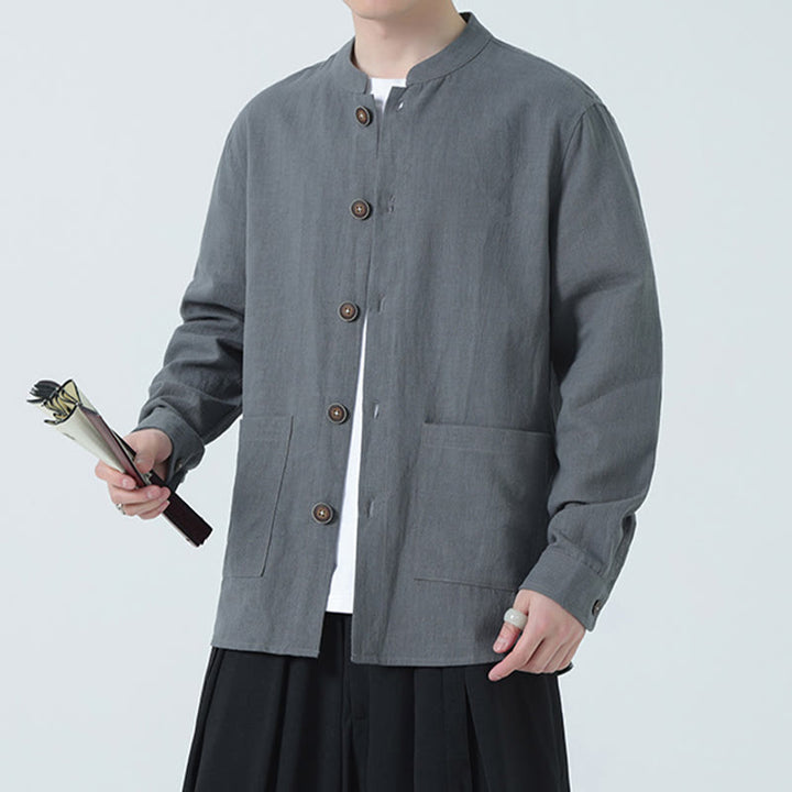 Buddha Stones Men's Button Ramie Linen Cotton Fleece Lined Jacket Shirt With Pockets