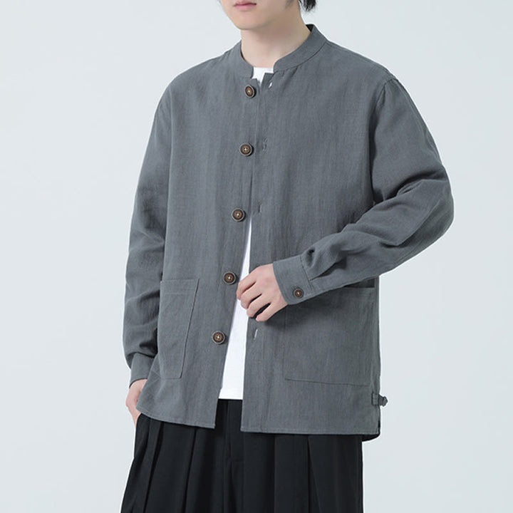 Buddha Stones Men's Button Ramie Linen Cotton Fleece Lined Jacket Shirt With Pockets - image 16