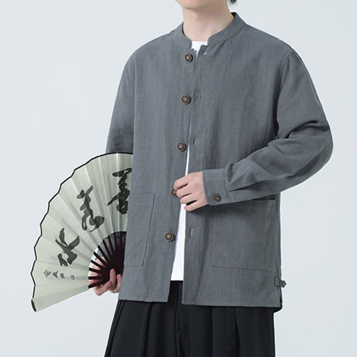 Buddha Stones Men's Button Ramie Linen Cotton Fleece Lined Jacket Shirt With Pockets