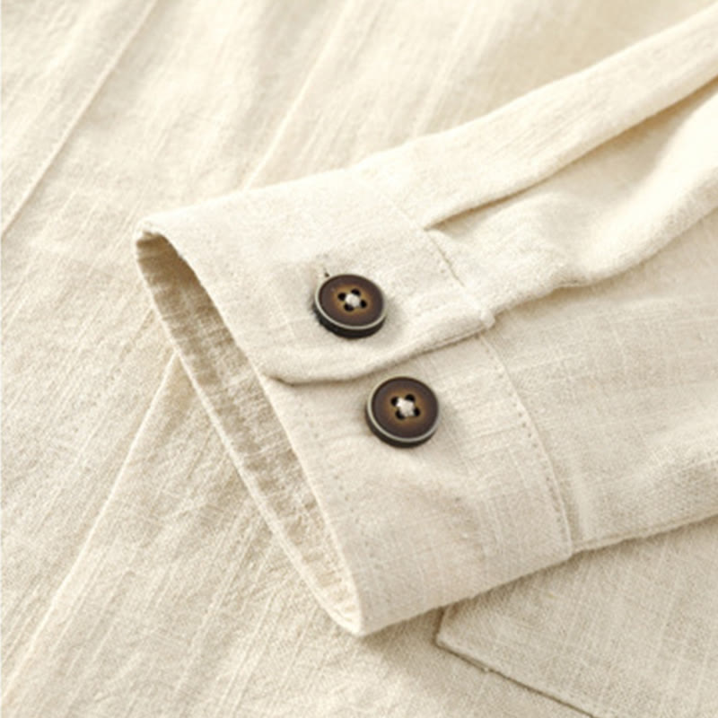 Buddha Stones Men's Button Ramie Linen Cotton Fleece Lined Jacket Shirt With Pockets