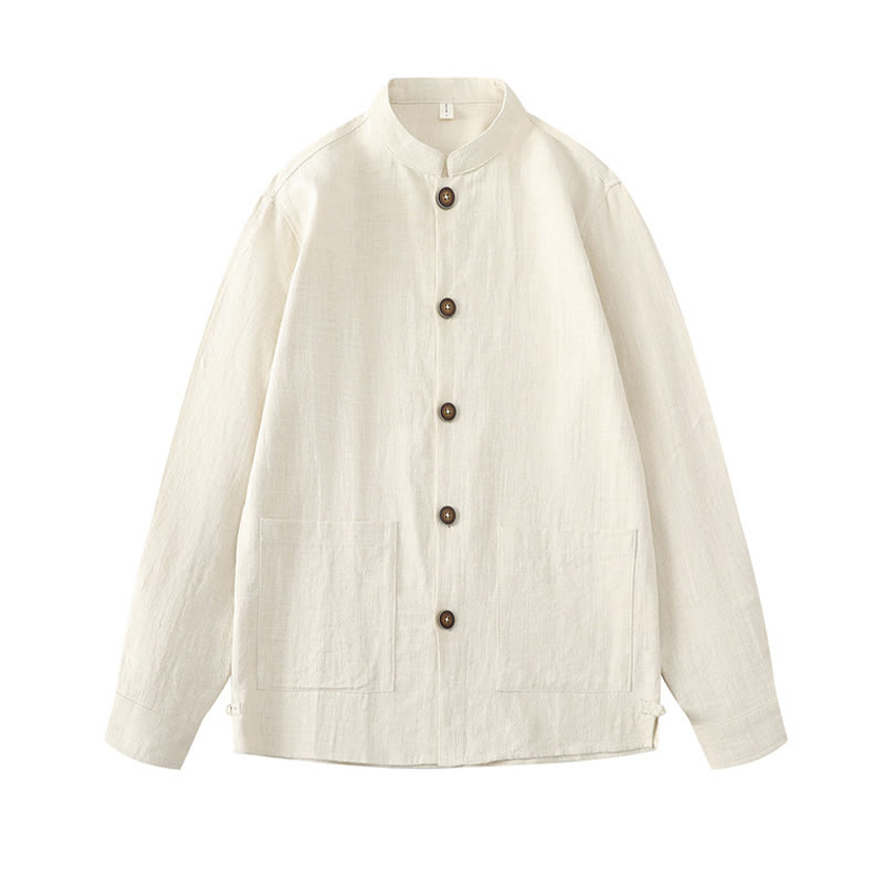 Buddha Stones Men's Button Ramie Linen Cotton Fleece Lined Jacket Shirt With Pockets