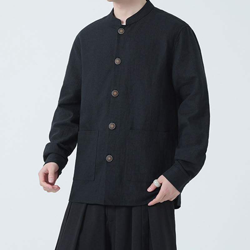 Buddha Stones Men's Button Ramie Linen Cotton Fleece Lined Jacket Shirt With Pockets