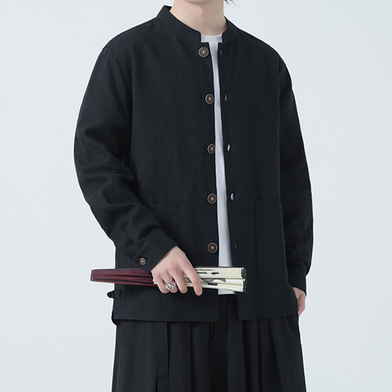 Buddha Stones Men's Button Ramie Linen Cotton Fleece Lined Jacket Shirt With Pockets