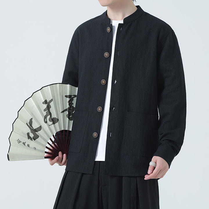 Buddha Stones Men's Button Ramie Linen Cotton Fleece Lined Jacket Shirt With Pockets - Black - US/UK/AU46，EU56 (5XL) - image 19