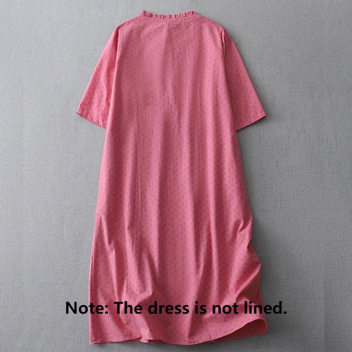 Buddha Stones Casual Retro Solid Color Button Ruffled Crew Neck Design Short Sleeve Cotton Linen Midi Dress With Pockets - image 7