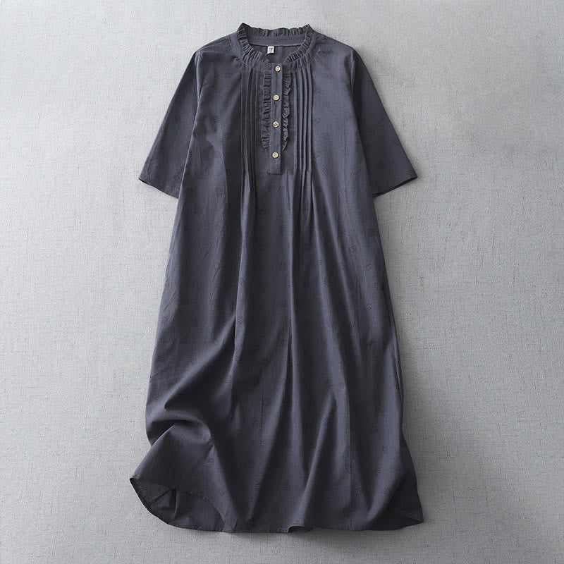 Buddha Stones Casual Retro Solid Color Button Ruffled Crew Neck Design Short Sleeve Cotton Linen Midi Dress With Pockets - MidnightBlue - US8-10，UK/AU12-14，EU40-42 (2XL) - image 0