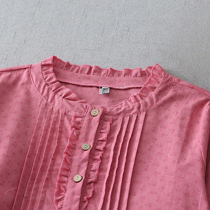 Buddha Stones Casual Retro Solid Color Button Ruffled Crew Neck Design Short Sleeve Cotton Linen Midi Dress With Pockets - image 8