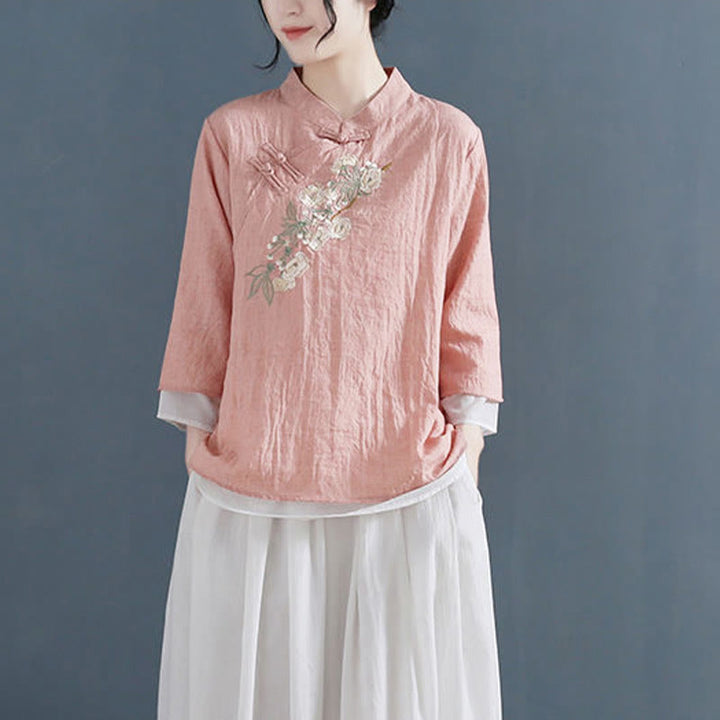 Buddha Stones Flower Embroidery Three Quarter Sleeve Frog-Button Mandarin Collar Cotton Linen Women's Shirt - image 2