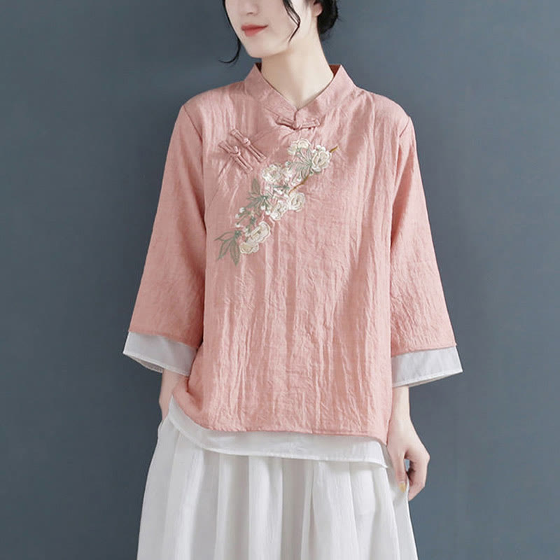 Buddha Stones Flower Embroidery Three Quarter Sleeve Frog-Button Mandarin Collar Cotton Linen Women's Shirt - LightCoral - US12，UK/AU16，EU44 (3XL) - image 0