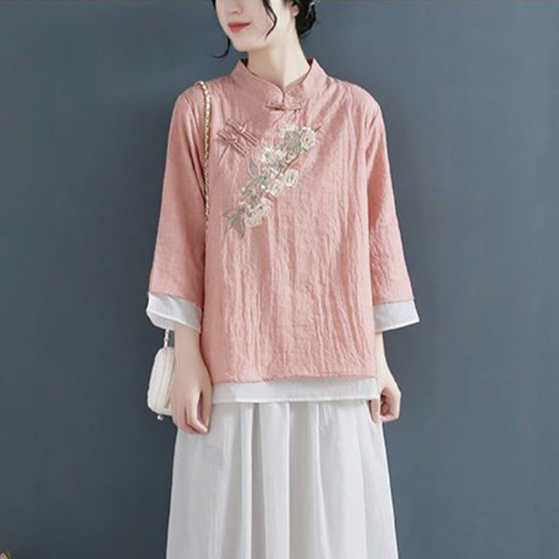 Buddha Stones Flower Embroidery Three Quarter Sleeve Frog-Button Mandarin Collar Cotton Linen Women's Shirt - image 1