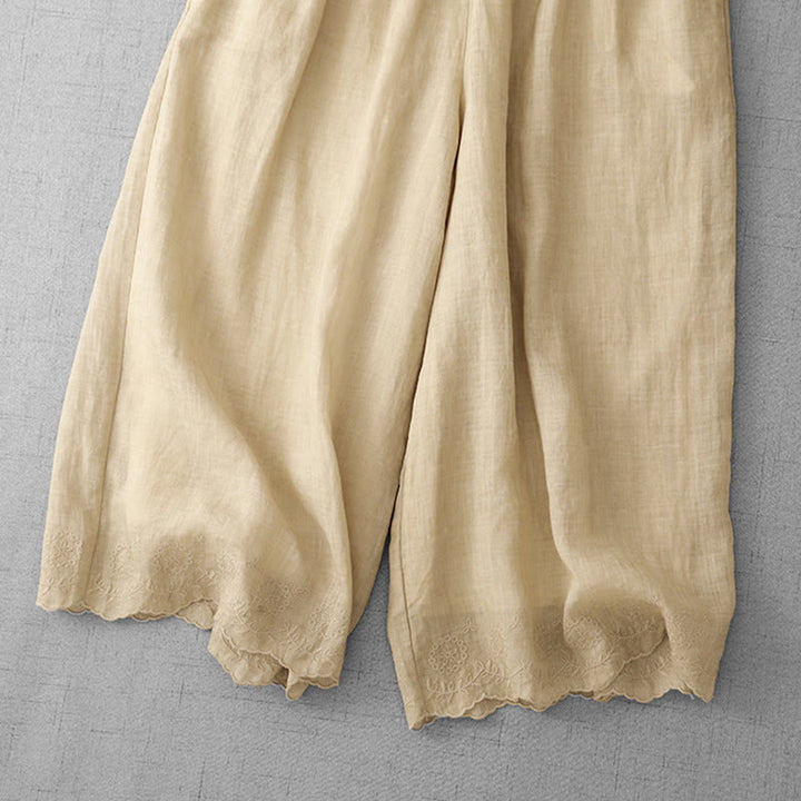 Buddha Stones Commute Solid Color Lace Embroidery Design Cotton Women's Wide Leg Cropped Pants With Pockets - image 20