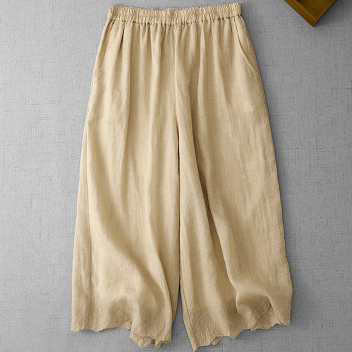 Buddha Stones Commute Solid Color Lace Embroidery Design Cotton Women's Wide Leg Cropped Pants With Pockets - image 15