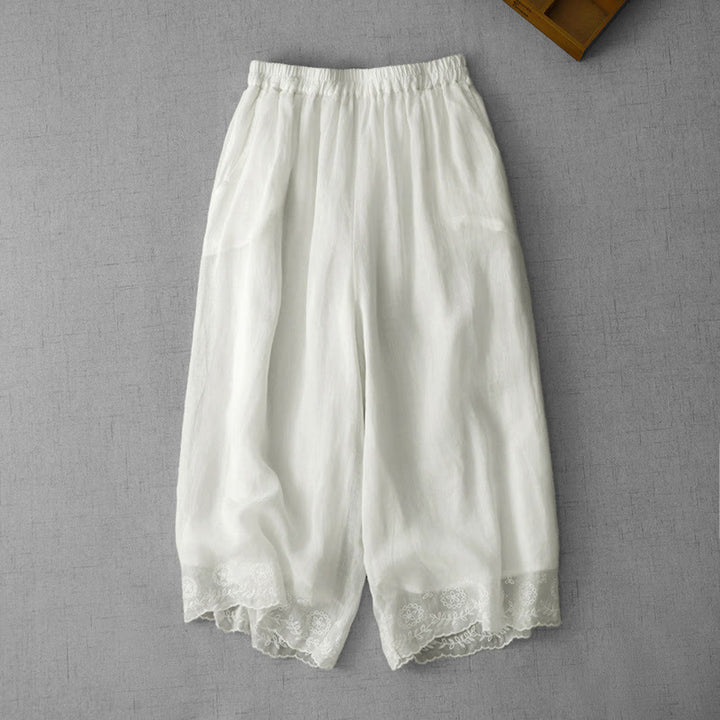 Buddha Stones Commute Solid Color Lace Embroidery Design Cotton Women's Wide Leg Cropped Pants With Pockets - White - US8-10，UK/AU12-14，EU40-42 (2XL) - image 0