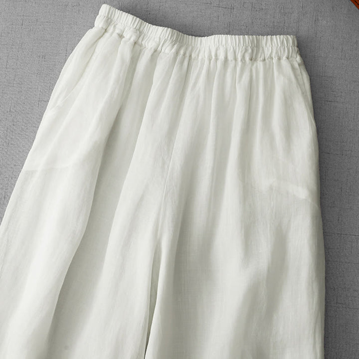 Buddha Stones Commute Solid Color Lace Embroidery Design Cotton Women's Wide Leg Cropped Pants With Pockets - image 1