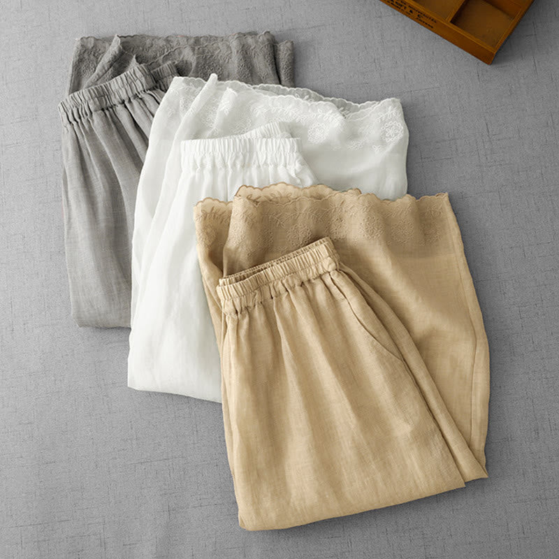 Buddha Stones Commute Solid Color Lace Embroidery Design Cotton Women's Wide Leg Cropped Pants With Pockets - image 24