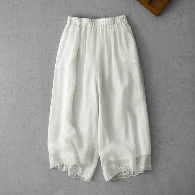 Buddha Stones Commute Solid Color Lace Embroidery Design Cotton Women's Wide Leg Cropped Pants With Pockets - White - US8-10，UK/AU12-14，EU40-42 (2XL) - image 0