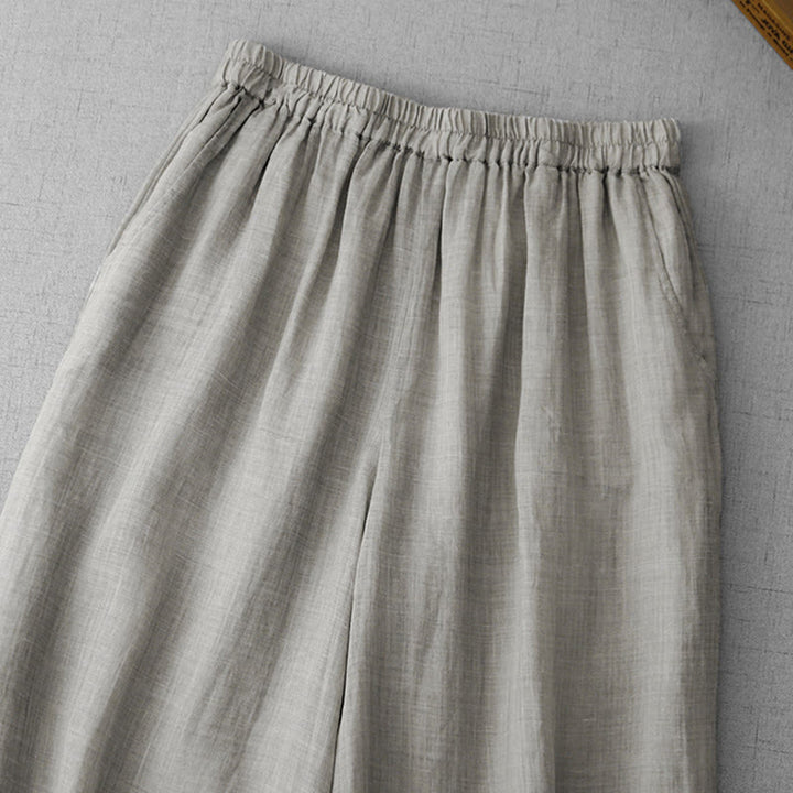 Buddha Stones Commute Solid Color Lace Embroidery Design Cotton Women's Wide Leg Cropped Pants With Pockets - image 9