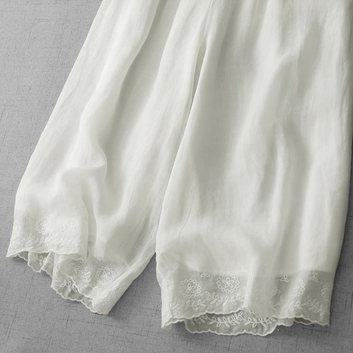 Buddha Stones Commute Solid Color Lace Embroidery Design Cotton Women's Wide Leg Cropped Pants With Pockets - image 4